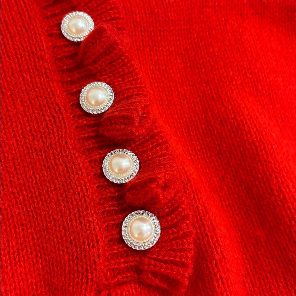Valentine’s fluffy red sweater ruffle & button detailing ruffled cuffs sz medium - Picture 5 of 12